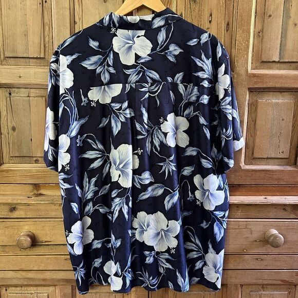 Jos. A. Bank XL Navy Blue Hawaiian Short Sleeve Button Front Shirt Tropical Silk - Picture 5 of 12